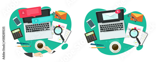 Email marketing audit of social media activity on laptop computer online vector, mail newsletter campaign analyzing research flat graphic illustration, digital electronic internet content analytics