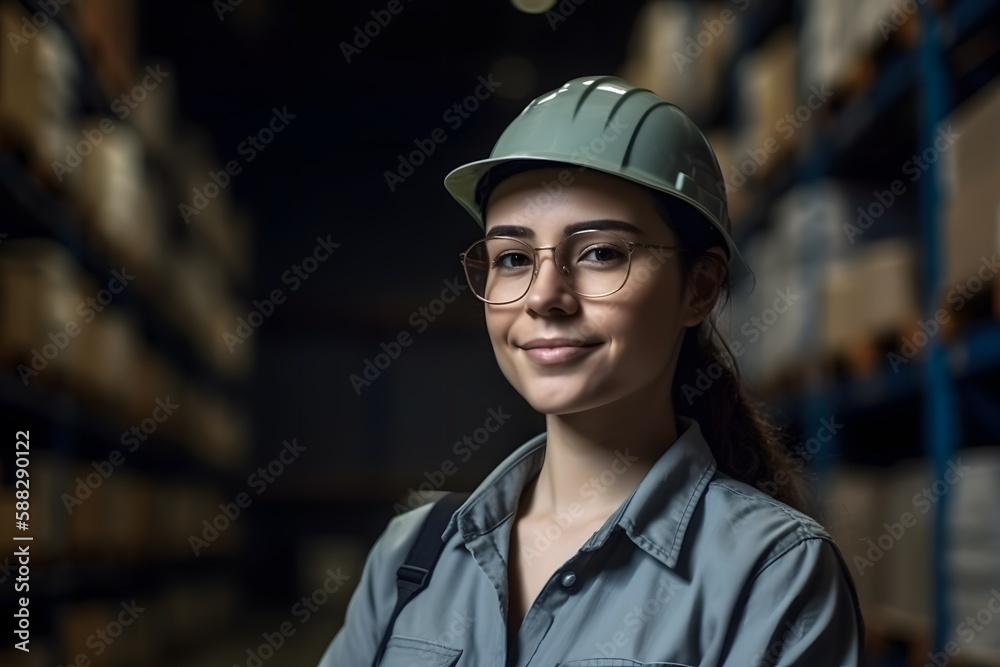 Portrait beatiful Caucasian woman worker supervisor with engineer safety suit work in large factory warehouse. Generative ai. Portrait beatiful Caucasian woman worker supervisor with engineer safety suit work in large factory warehouse. Generative ai.