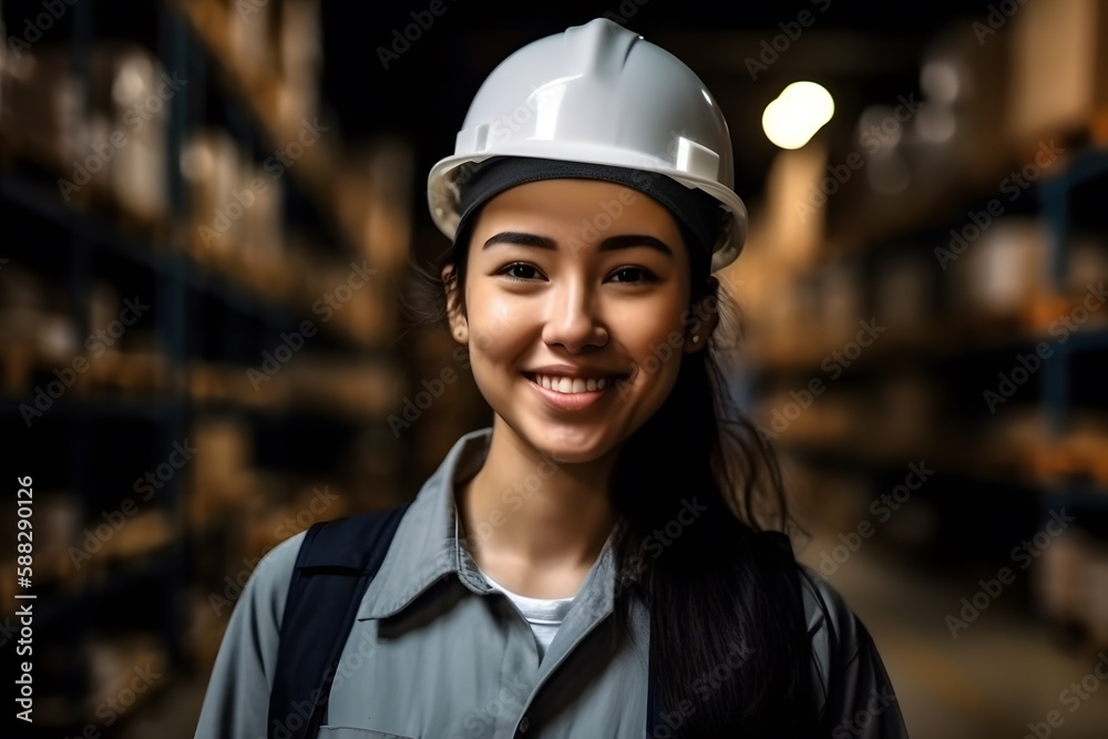 Portrait beatiful Caucasian woman worker supervisor with engineer safety suit work in large factory warehouse. Generative ai.