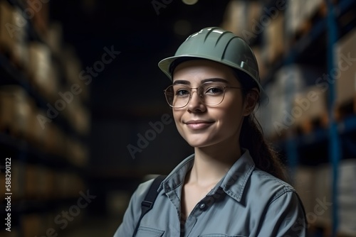 Portrait beatiful Caucasian woman worker supervisor with engineer safety suit work in large factory warehouse. Generative ai.