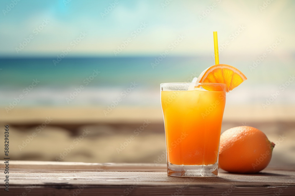Refreshing tropical fruit drink on the table with the beach in the background Refreshing tropical fruit drink on the table with the beach in the background