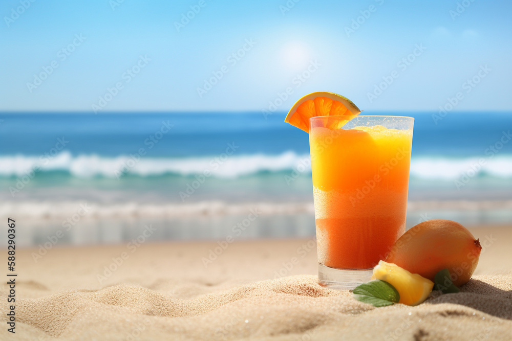 Refreshing tropical fruit drink on a sandy beach with the sea in the background