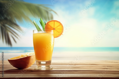 Refreshing tropical fruit drink on the table with the beach in the background