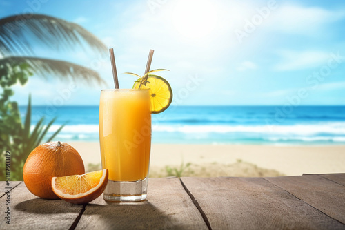 Refreshing tropical fruit drink on the table with the beach in the background