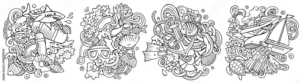 Diving cartoon vector doodle designs set. Diving cartoon vector doodle designs set.