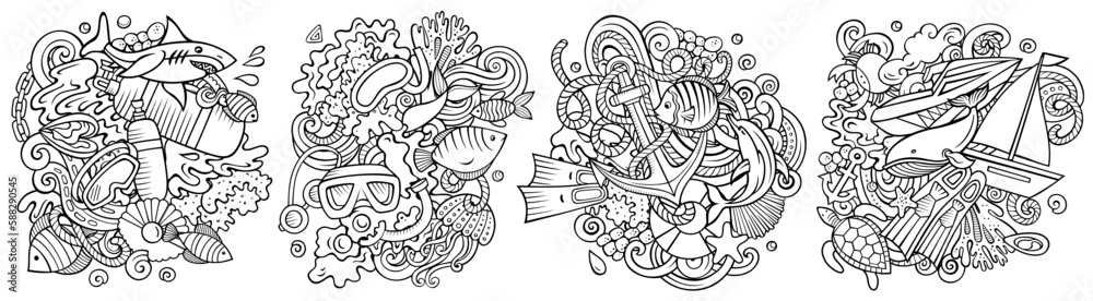 Diving cartoon vector doodle designs set.