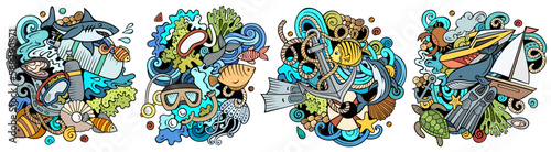 Diving cartoon vector doodle designs set.