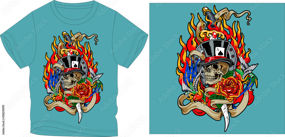 SKULL WITH FLAMES t-shirt graphic design vector illustration
