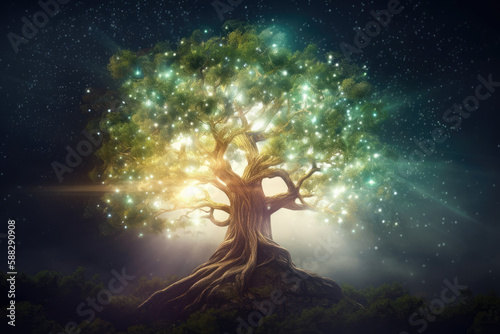 A mystical tree surrounded by a glowing aura and the vastness of the universe.