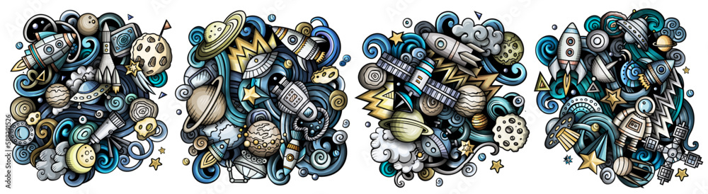 Obraz premium Space cartoon vector doodle designs set.