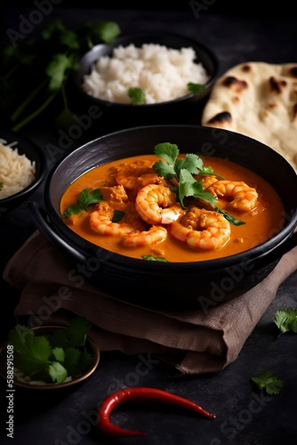 Malabar prawn curry, served in a stylish black bowl garnished with fresh coriander, surrounded by a portion of steamed rice and a side of naan bread. Dinner on a dark background. Image is AI generated