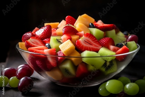 Fruits salad in a glass bowl close-up on a dark background. Healthy food  summer breakfast  low calorie tropical dessert of kiwi  grape  strawberry and slices of mango. Image is AI generated.