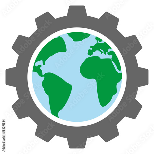 Logo Earth Day. Icono mapa de la tierra con silueta de rueda dentada