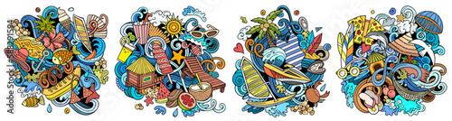 Summer beach cartoon vector doodle designs set.
