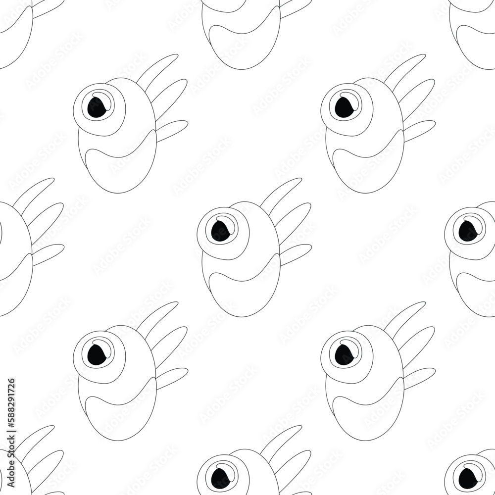 Seamless Pattern with Cute Little Monsters. Surreal Design, Endless Texture. Pop Art Cartoon Style with Stains. Coloring Book Page. Vector Contour Illustration