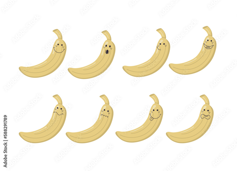 Cute bananas with different emotions. Funny fruits. Stickers set. Bright decorative set of design elements. All objects are separated. Drawn by hand. Vector illustration.