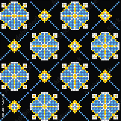 Cross-Stitch EmbroideriedSeamless Pattern with Ornate Element. Ethnic Motif, Handmade Stylization. Traditional Ukrainian Yellow and Blue Embroidery. Ethnic Design Element. Vector 3d Illustration