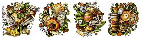 Tea cartoon vector doodle designs set.