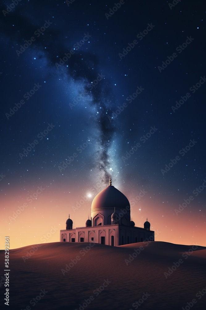mosque in the stary night on the desert. Generative ai