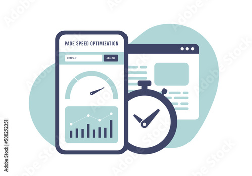 Page speed optimization concept. Boost website performance with fast page load speed. Smartphone with timer, accelerometer indicator, chart and graph illustration for SEO and digital marketing visuals photo