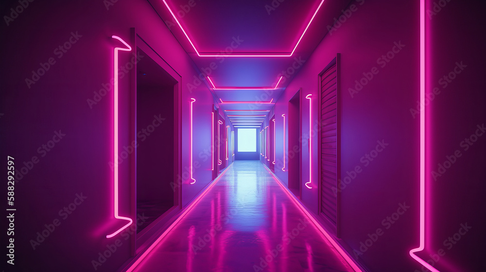Long pink empty corridor with neon light