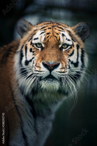 Vertical closeup shot of details on a beautiful Bengal tiger in a forest