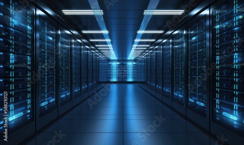Data Center With Multiple Rows of Fully Operational Server Racks. Modern Telecommunications, Artificial Intelligence