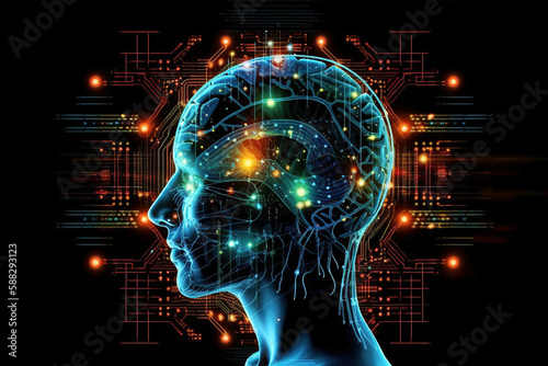 ai generated illustration Human head outline with circuit board talking to each other with binary numbers on blue background,