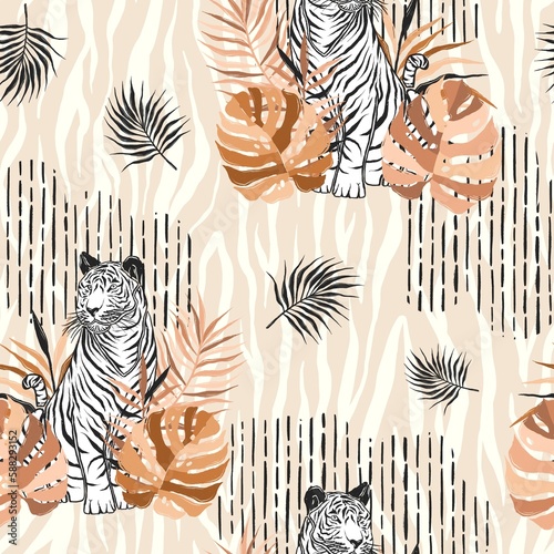 Safari boho seamless pattern with tiger  wildlife  tropical pattern  exotic background  animal skin