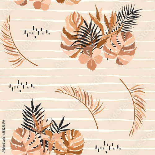 Safari seamless pattern, boho tropical background, striped, monstera leaf, neutral colors