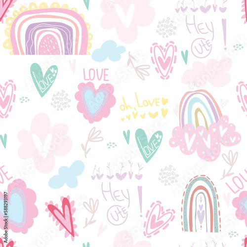  cartoon  rainbows, clouds and hearts. Hand drawn vector doodle set. Hey Cute, oh, LOVE. Good for textiles, nursery, wallpapers, wrapping paper, clothes. 