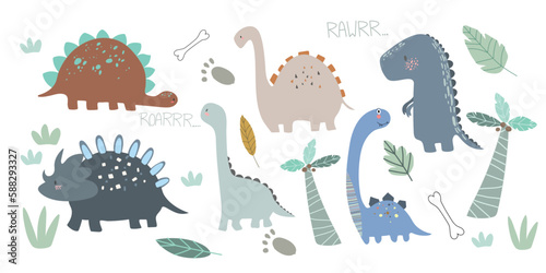 Dinosaurs vector set in cartoon Scandinavian style. A colorful cute children s illustration is perfect for a child s room.