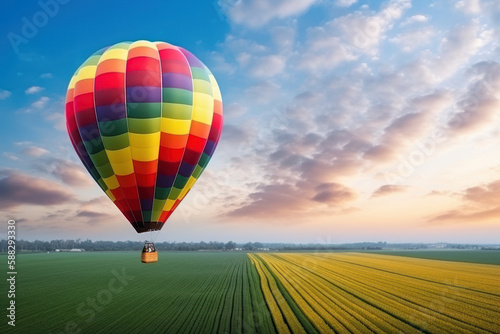 hot air balloon on the background of a green field and sun cloudy sky copy space Generative AI