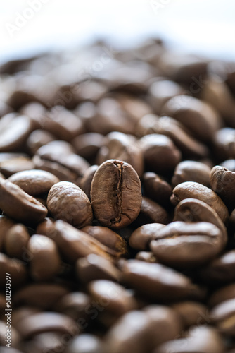 coffee beans, selective focus, blurred background
