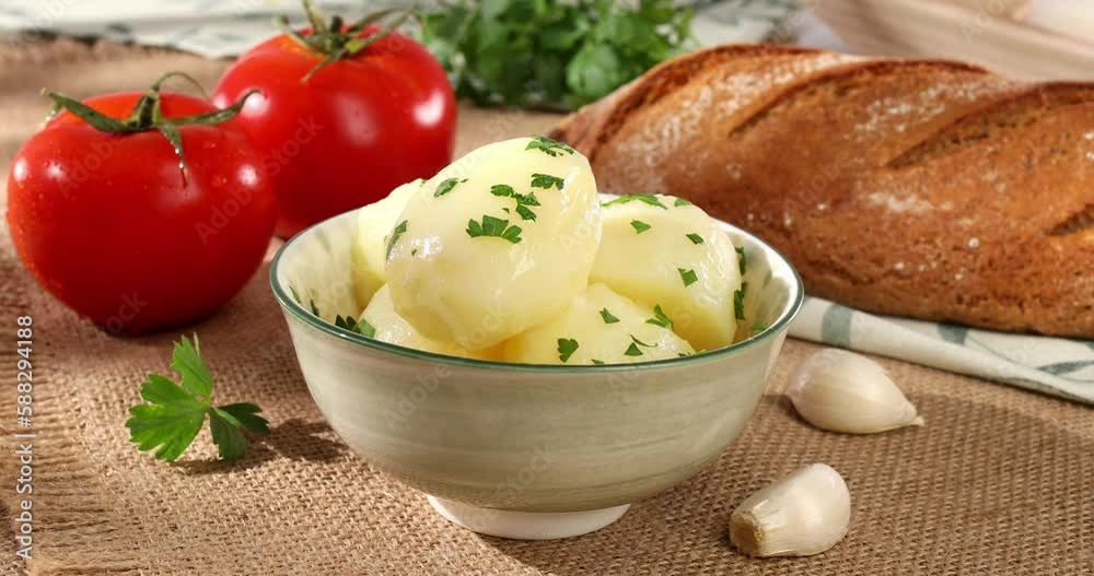 boiled potatoes in a bowl. farm products on the table. simple country food. potato dish with tomatoes and bread on burlap. natural food on a sunny day.