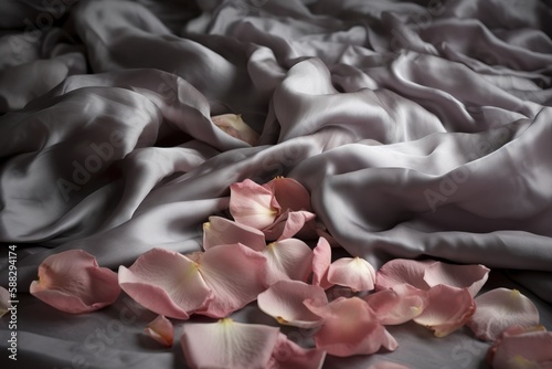  a bunch of pink flowers laying on a bed sheet with a gray sheet covering it and a few petals scattered on top of the sheet.  generative ai © Nadia