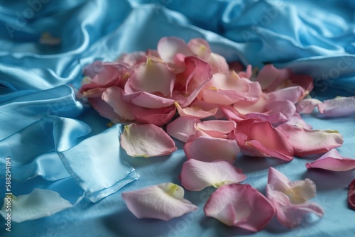  a bunch of pink and blue flowers on a blue satin material with a rose in the middle of the petals on a blue satin material. generative ai