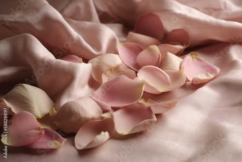 a pile of pink petals on a bed sheet with a pink blanket in the background and a pink blanket on the floor in the foreground.  generative ai