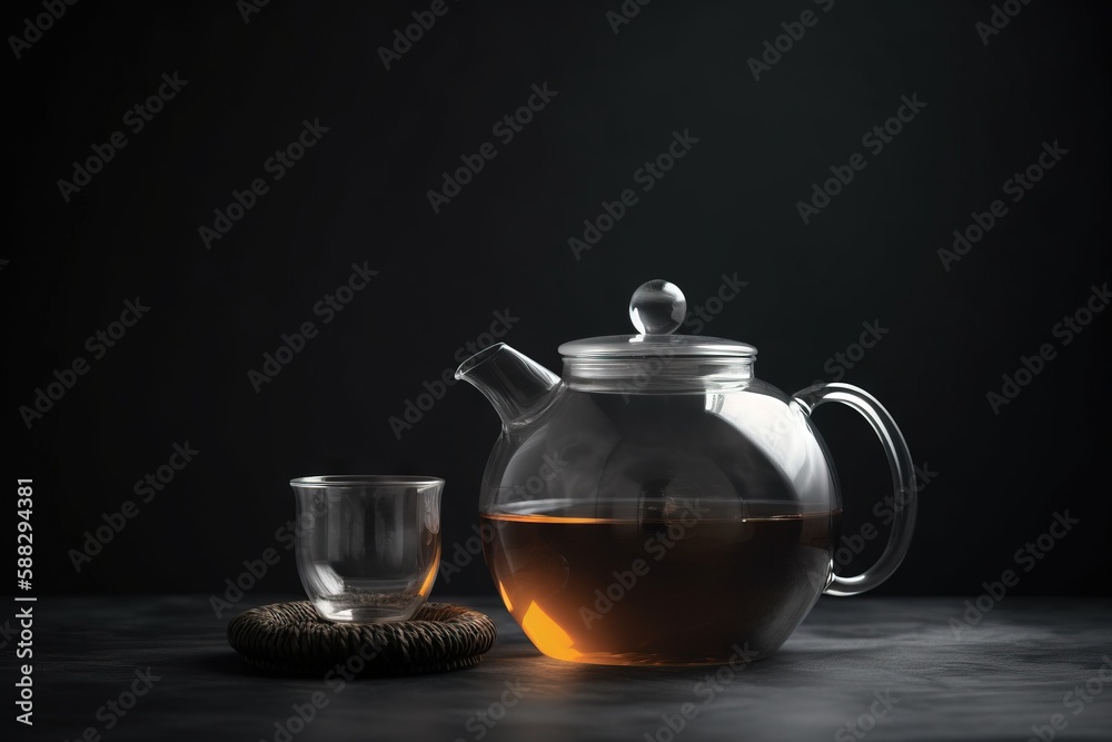 a glass tea pot and a glass cup with a tea strainer on a table with a black background and a black background with a white spot. generative ai a glass tea pot and a glass cup with a tea strainer on a table with a black background and a black background with a white spot. generative ai