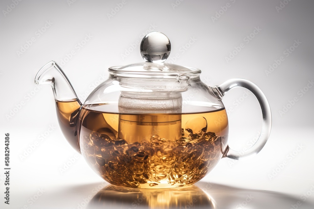 a glass teapot filled with tea and tea leaves on a reflective surface with a tea ball in the top of the tea pot and a tea strainer in the middle. generative ai a glass teapot filled with tea and tea leaves on a reflective surface with a tea ball in the top of the tea pot and a tea strainer in the middle. generative ai