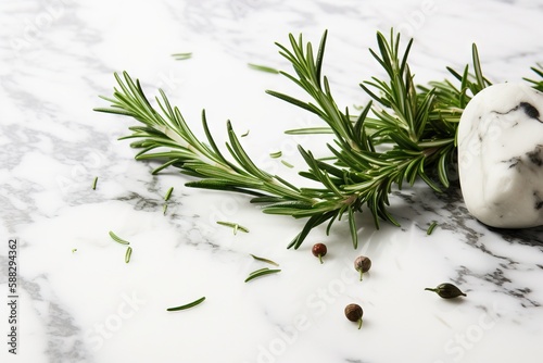  a close up of a rosemary plant on a marble counter top with a soap dish in the middle of the image and a sprig of rosemary on the side. generative ai