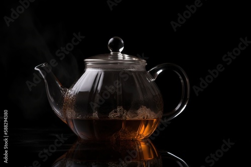  a glass teapot with steam rising from it on a reflective surface with a reflection of the tea in the teapot on the table. generative ai