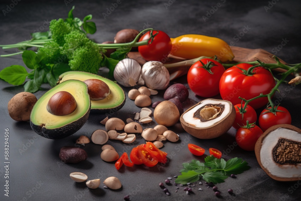 a variety of vegetables and fruits on a black surface with a wooden cutting board on the side of the table, including avocado, tomatoes, mushrooms, broccoli, spinach, bell peppers. generative ai a variety of vegetables and fruits on a black surface with a wooden cutting board on the side of the table, including avocado, tomatoes, mushrooms, broccoli, spinach, bell peppers. generative ai