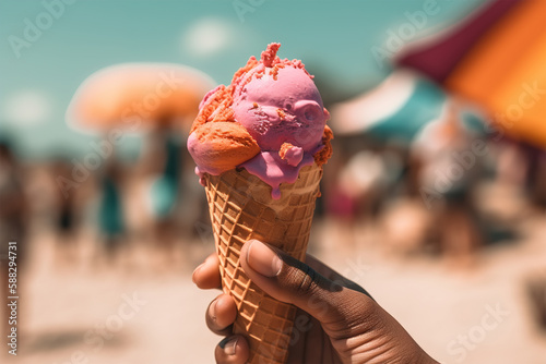 Close-up hand of black woman holding colorful refreshing ice cream in waffle cone on beach on vacation. Generative AI