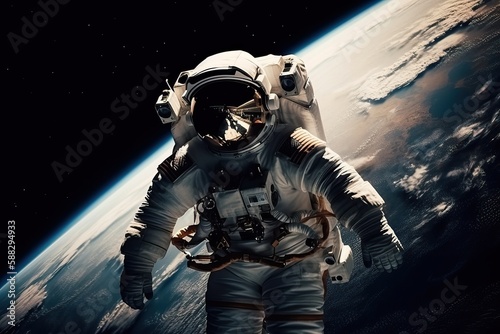 An astronaut in a spacesuit flies in outer space near the orbit of the planet Earth, generative AI.