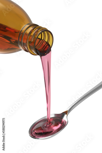 Pouring cough medicine syrup into spoon on transparent background