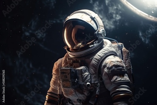 An astronaut in a spacesuit flies in outer space near the orbit of the planet Earth  generative AI.