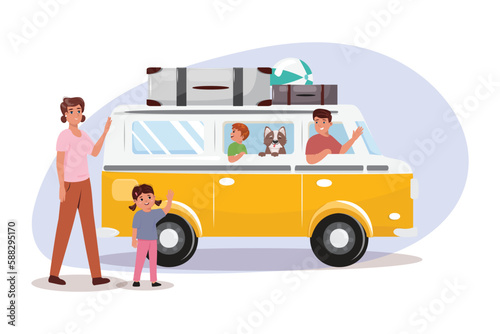 Young family with two children and a dog going for a road trip by yellow mini van.