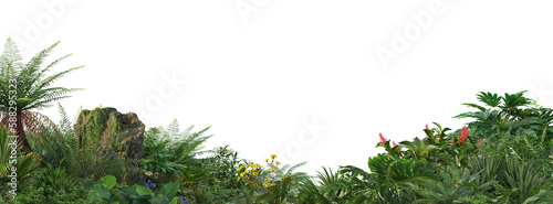 Foreground flowers and a variety of small shrubs on a transparent background.