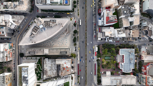 Aerial drone photo of landmark buildings in Syggrou Avenue urban cityscape, Athens centre, Attica, Greece